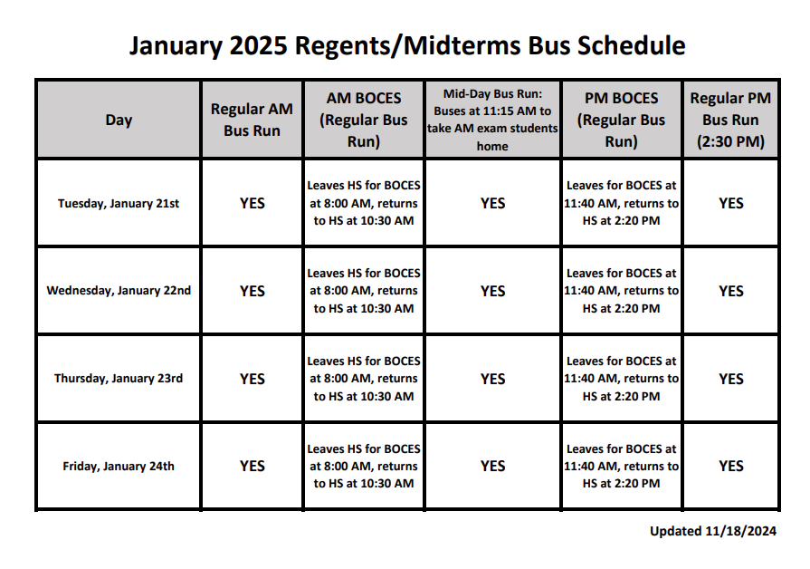 January Regents/Midterm Exam Information Saratoga City School District